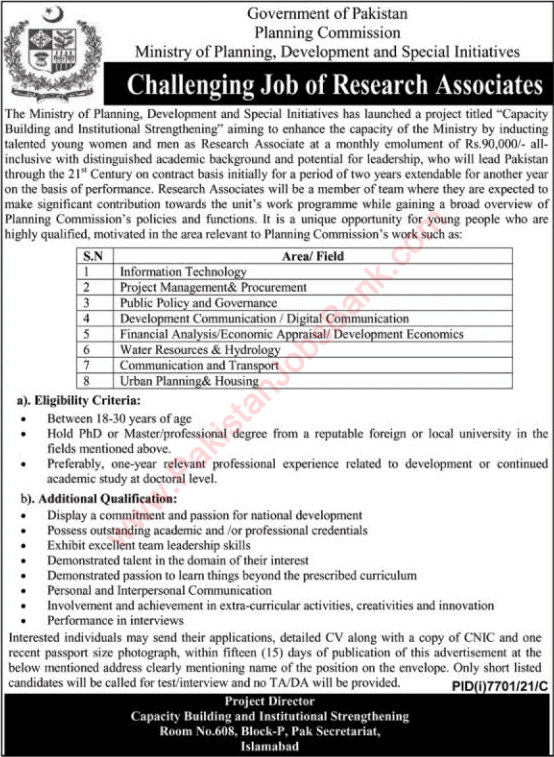 Research Associate Jobs in Ministry of Planning Development and Special Initiatives April 2022 May Planning Commission Latest