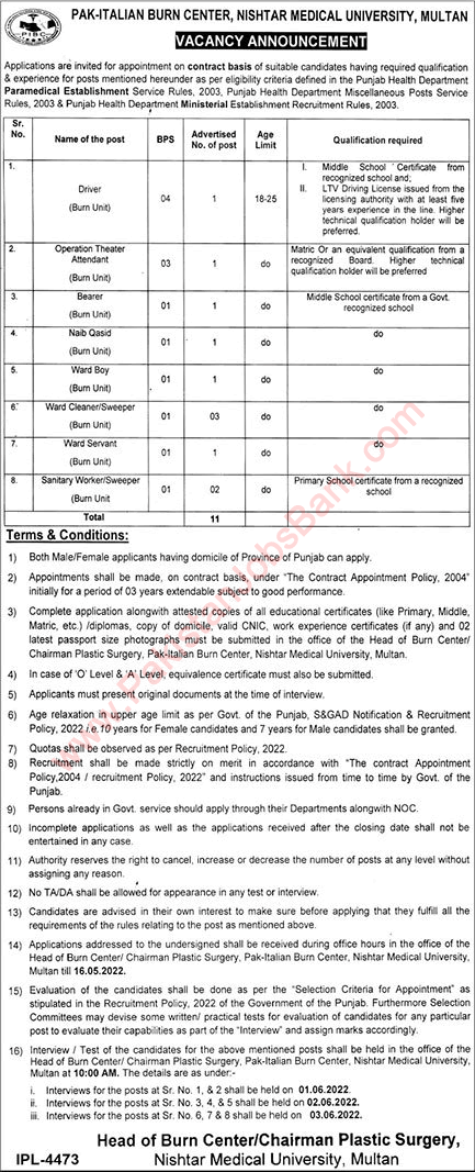 Nishtar Medical University Multan Jobs 2022 May Ward Cleaners, Sweepers & Others Pak-Italian Burn Center Latest