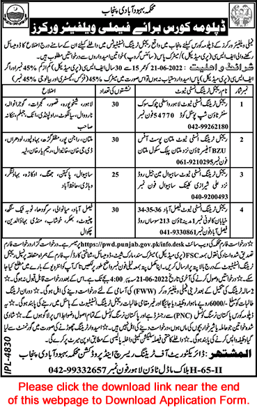 Family Welfare Worker Free Courses in Punjab May 2022 Application Form FWW Population Welfare Department Latest