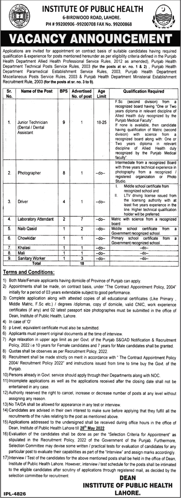 Institute of Public Health Lahore Jobs 2022 May Lab Attendants, Sanitary Workers & Others Latest
