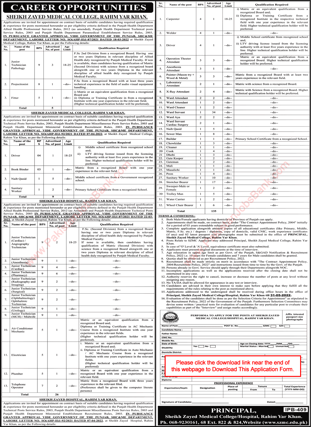 Sheikh Zayed Medical College / Hospital Rahim Yar Khan Jobs May 2022 Application Form Ward Servants & Others Latest