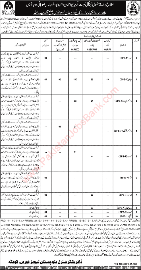 Balochistan Levies Force Jobs May 2022 Sipahi & Others Latest