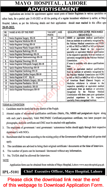 Senior Registrar Jobs in Mayo Hospital Lahore May 2022 Application Form Download Latest