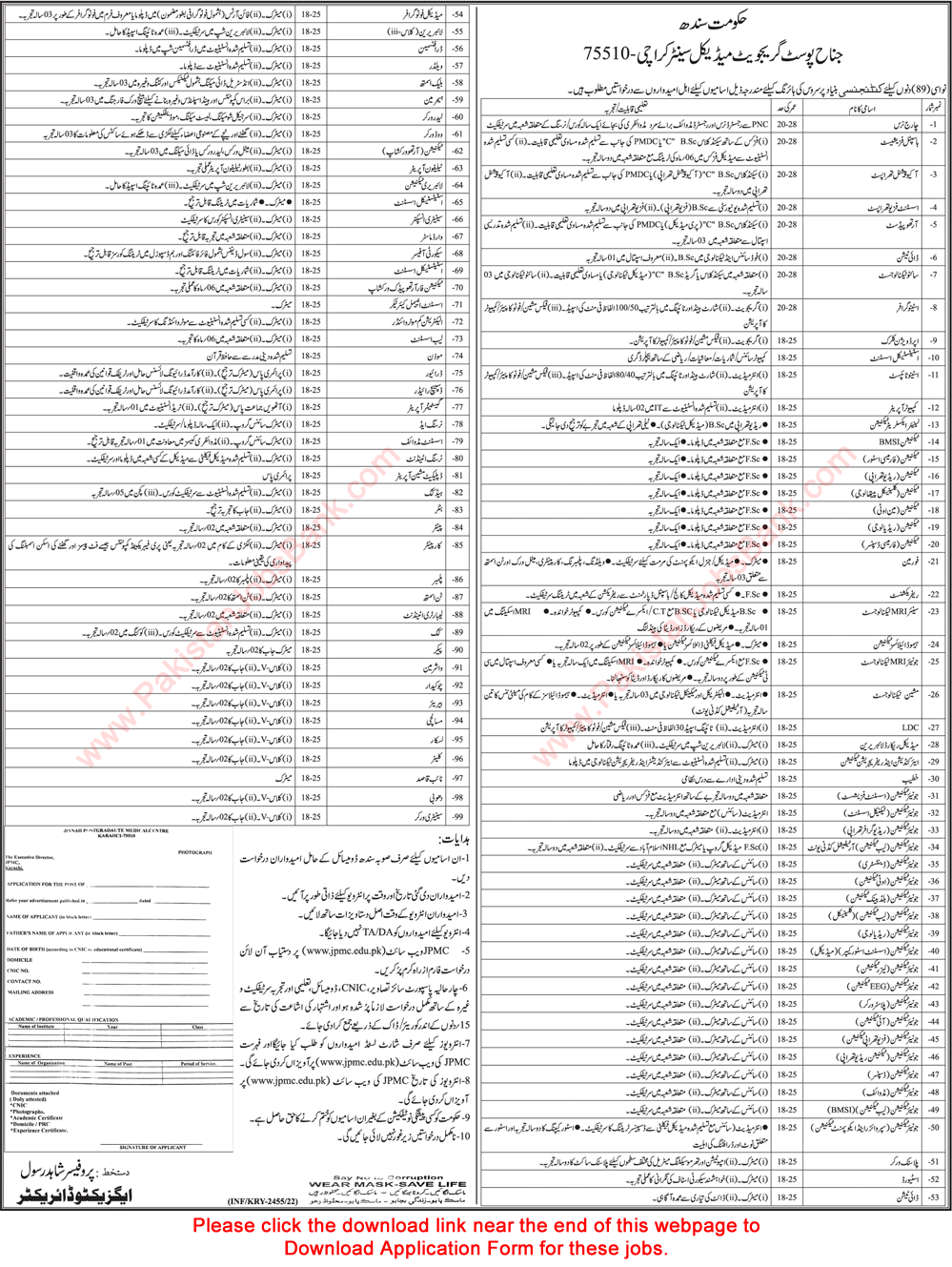 Jinnah Postgraduate Medical Centre Karachi Jobs 2022 May Medical Technicians, Nurse, Assistant & Others Latest