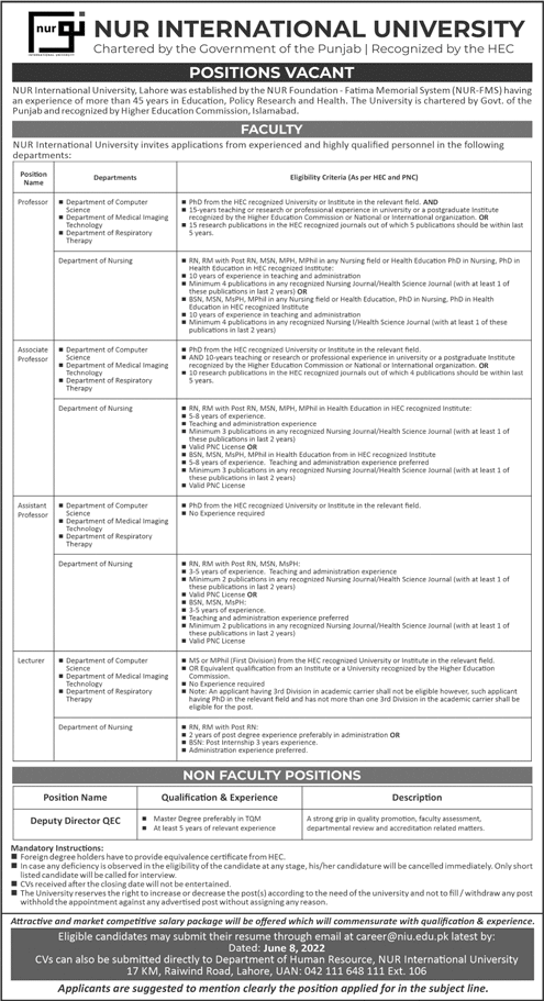 NUR International University Lahore Jobs 2022 May / June Teaching Faculty & Others Latest