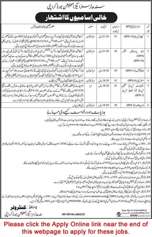 Sindh Nurses Examination Board Karachi Jobs 2022 June NTS Apply Online Clerks & Others Latest