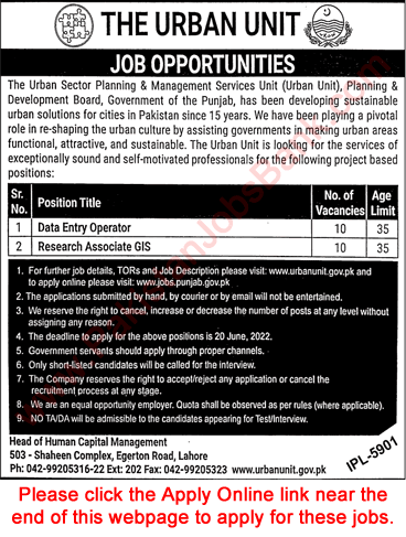 The Urban Unit Punjab Jobs June 2022 Apply Online Data Entry Operators & GIS Research Associates Latest