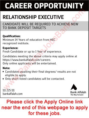 Relationship Executive Jobs in Bank Alfalah June 2022 Apply Online Latest