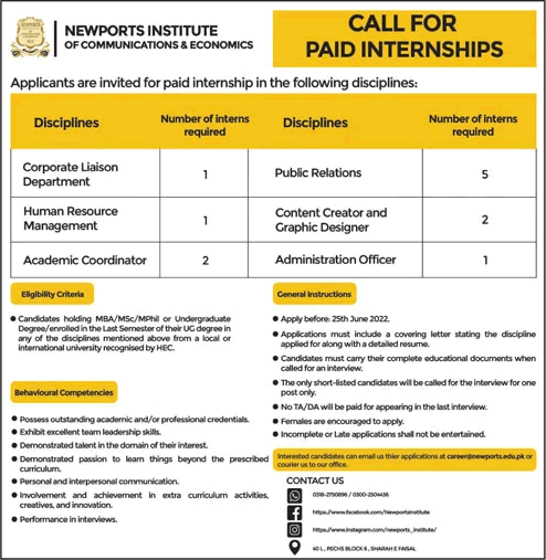 Newports Institute of Communications and Economics Karachi Paid Internships 2022 June NICE Latest