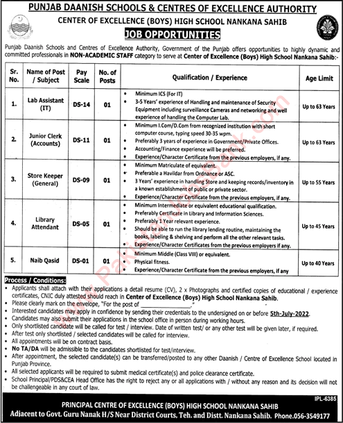 Punjab Daanish Schools Nankana Sahib Jobs 2022 June Center of Excellence Authority PDS&CEA Latest