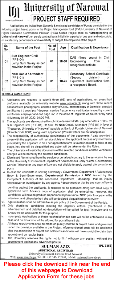 University of Narowal Jobs June 2022 Application Form Sub Engineer & Naib Qasid Latest