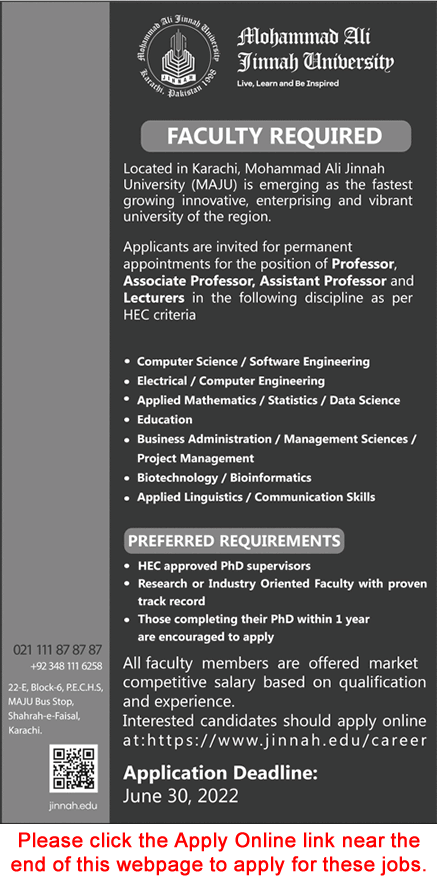 Teaching Faculty Jobs in Muhammad Ali Jinnah University Karachi 2022 June Apply Online Latest