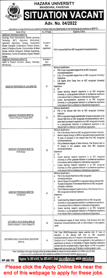 Teaching Faculty Jobs in Hazara University Mansehra June 2022 Apply Online Assistant Professors & Lecturers Latest