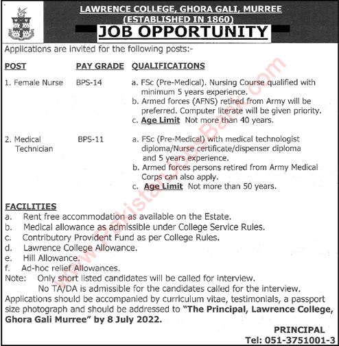 Lawrence College Murree Jobs June 2022 Nurse & Medical Technician Latest