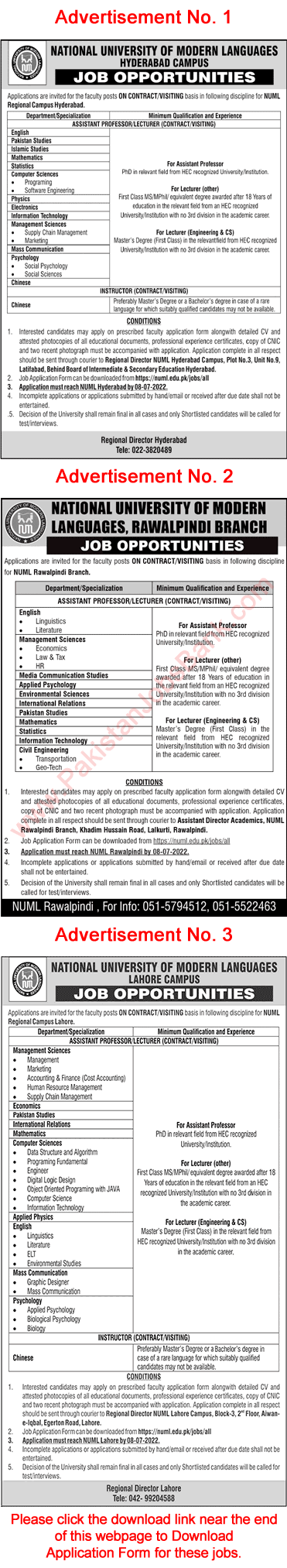 Teaching Faculty Jobs in NUML University 2022 June Application Form Latest