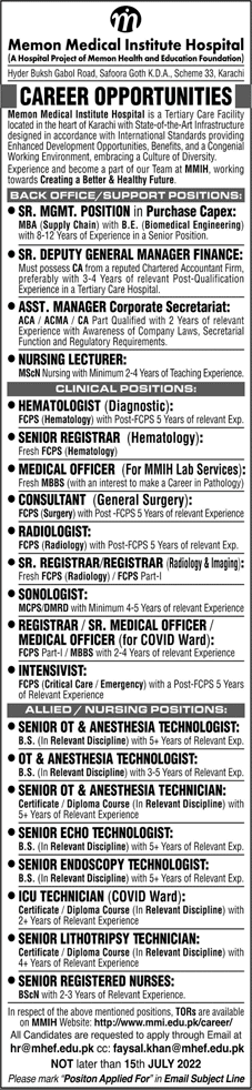Memon Medical Institute Hospital Karachi Jobs 2022 June Nurses, Registrars & Others Latest