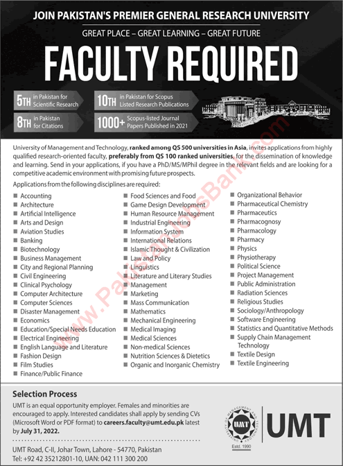 Teaching Faculty Jobs in UMT Lahore 2022 June / July University of Management and Technology Latest