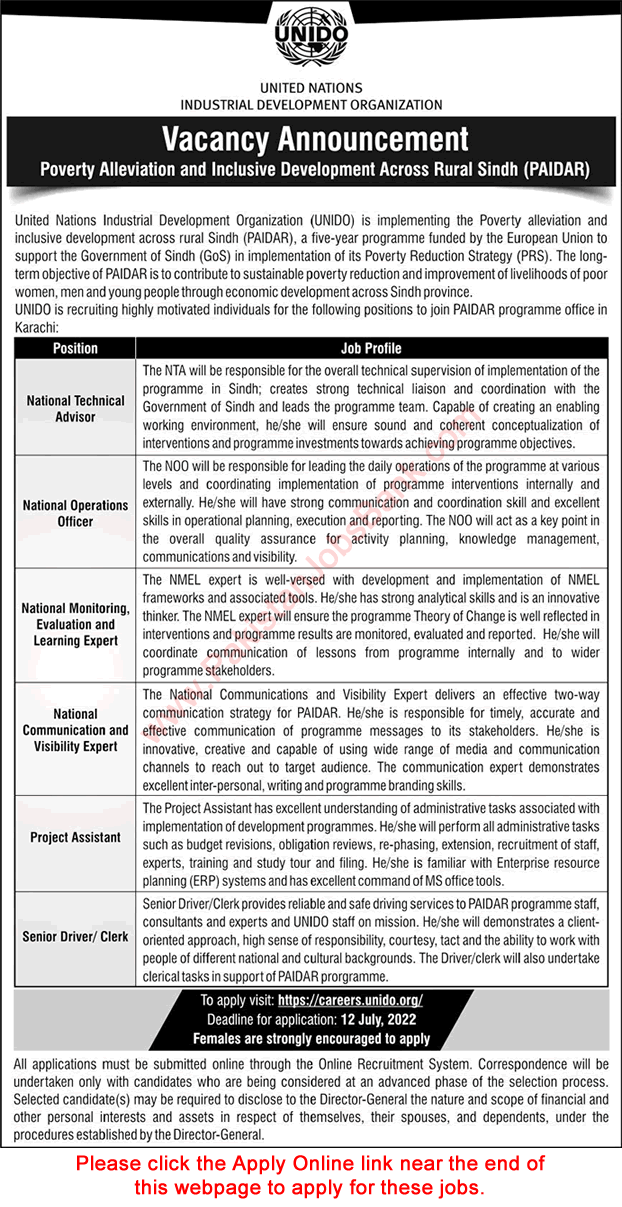 UNIDO Karachi Jobs 2022 June / July Apply Online United Nations Industrial Development Organization Latest