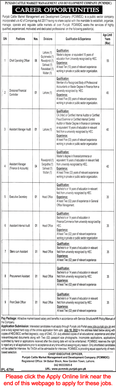 Punjab Cattle Market Management and Development Company Jobs June 2022 July PCMMDC Online Apply Latest