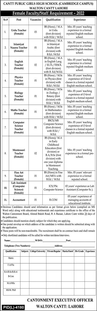 Cantonment Public Girls High School Walton Cantt Lahore Jobs 2022 July Teachers & Others Latest