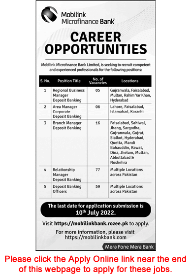 Mobilink Microfinance Bank Jobs 2022 July Apply Online Relationship Managers, Banking Officers & Others Latest
