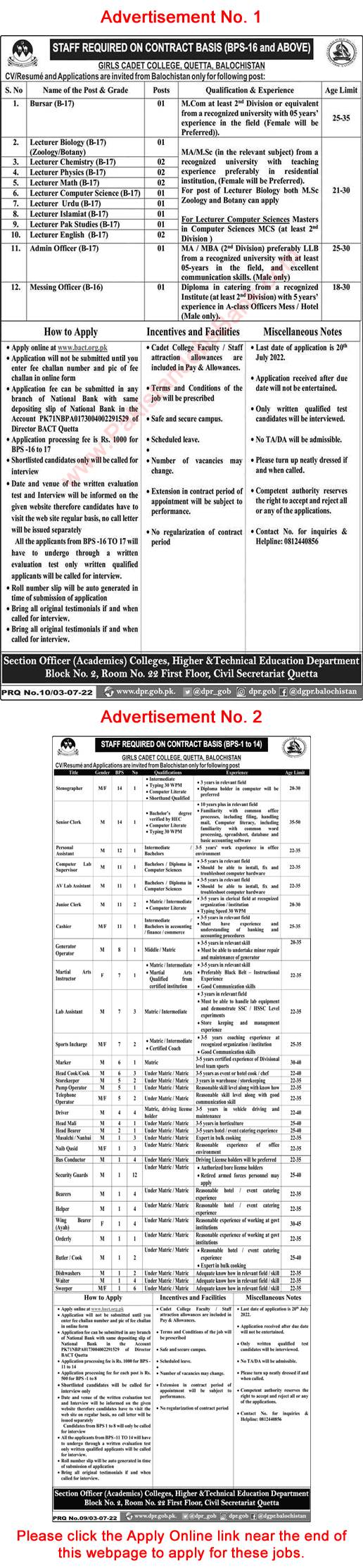 Girls Cadet College Balochistan Quetta Jobs 2022 July Apply Online Lecturers, Security Guards & Others Latest