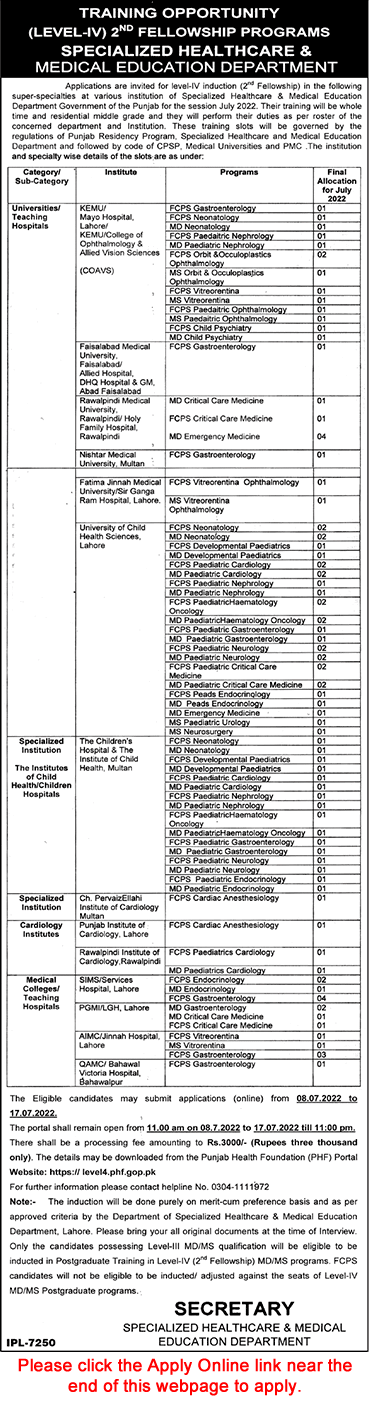 Specialized Healthcare and Medical Education Department Punjab Fellowship Training Program 2022 July Application Form Latest