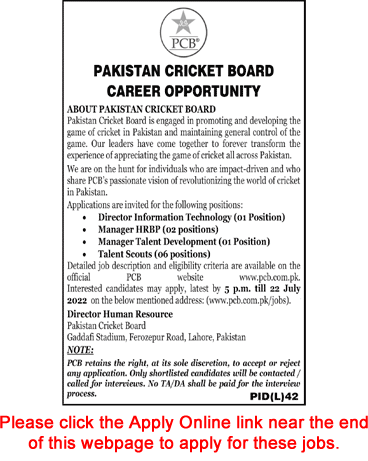 Pakistan Cricket Board Jobs July 2022 Apply Online Talent Scouts & Others PCB Latest