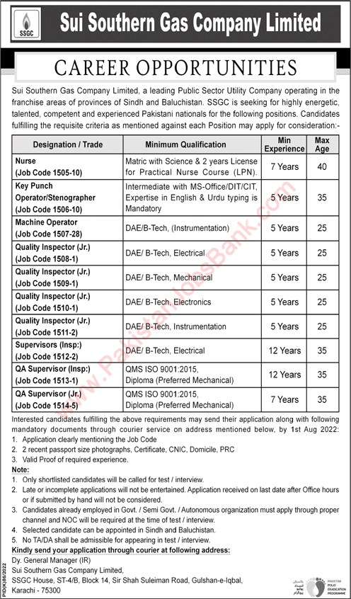 SSGC Jobs July 2022 Quality Inspectors & Others Sui Southern Gas Company Limited