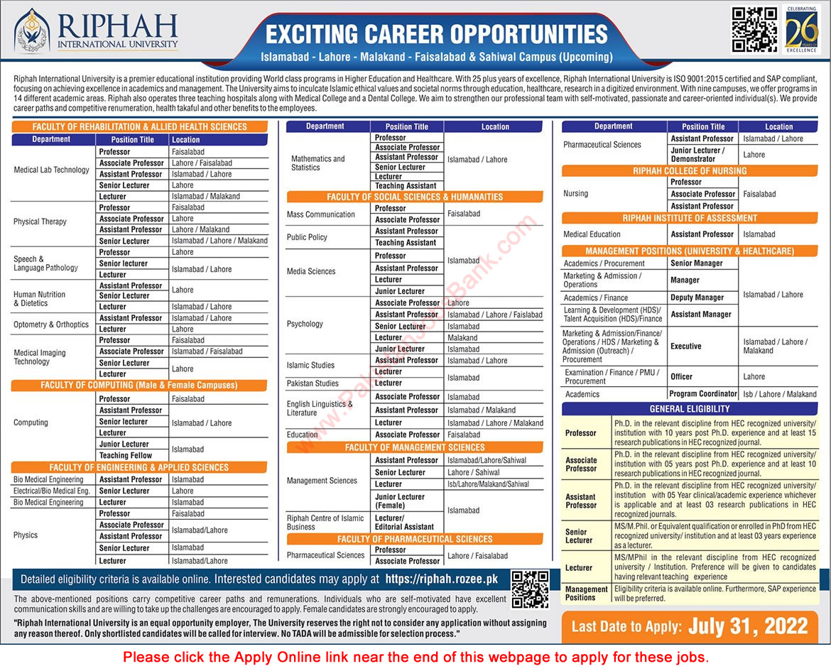 Riphah International University Jobs 2022 July Apply Online RIU Teaching Faculty & Others Latest