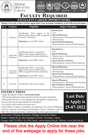 Teaching Faculty Jobs in Minhaj University Lahore 2022 July Apply Online Latest