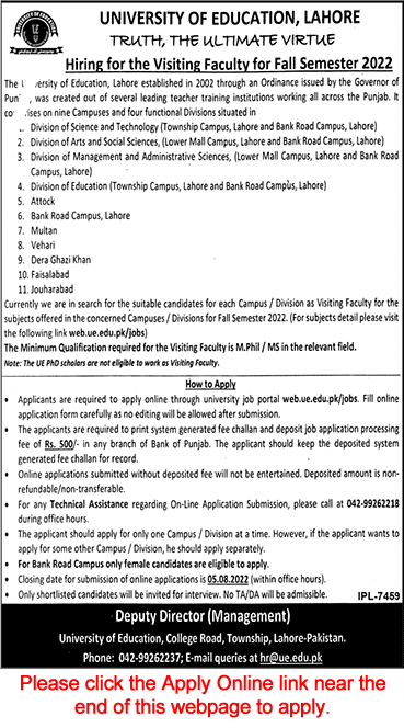 Visiting Faculty Jobs in University of Education July 2022 UOE Apply Online Latest