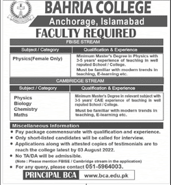 Bahria College Islamabad Jobs July 2022 Teaching Faculty Latest