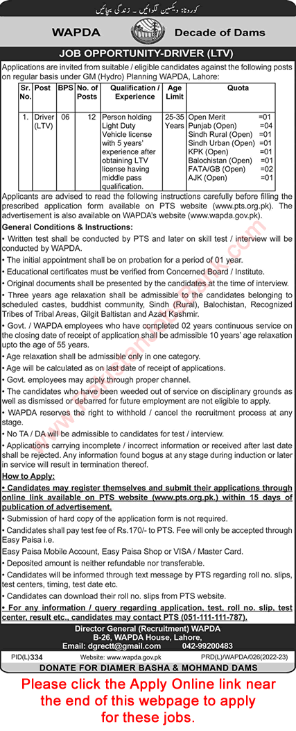 Driver Jobs in WAPDA Lahore August 2022 PTS Apply Online Latest