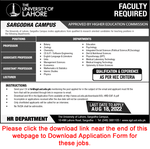 University of Lahore UOL Jobs 2022 – Latest Vacancies Online Apply