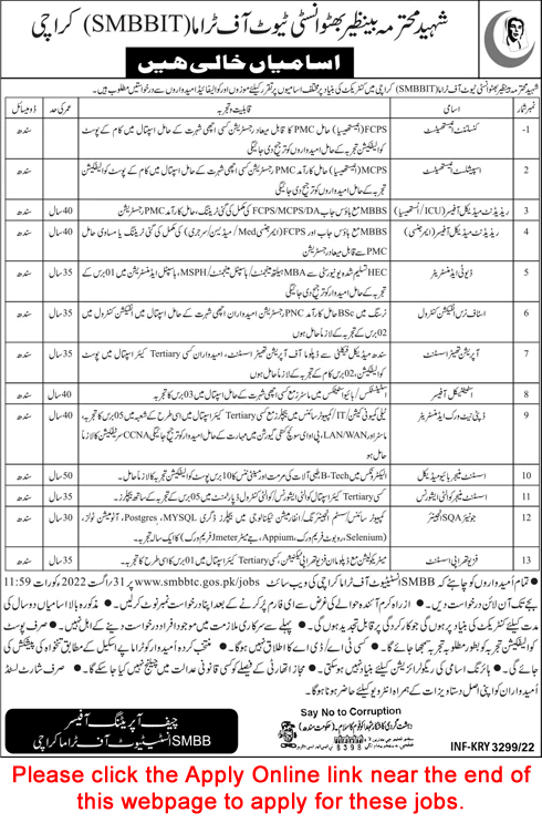 Shaheed Mohtarma Benazir Bhutto Institute of Trauma Karachi Jobs August 2022 SMBBIT Apply Online Medical Officers & Others Latest