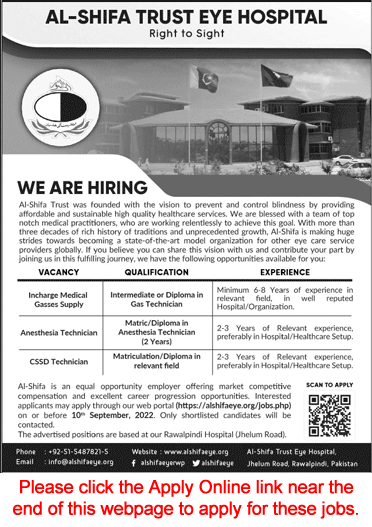 Al Shifa Trust Eye Hospital Rawalpindi Jobs 2022 August Apply Online Medical Technicians & Others Latest