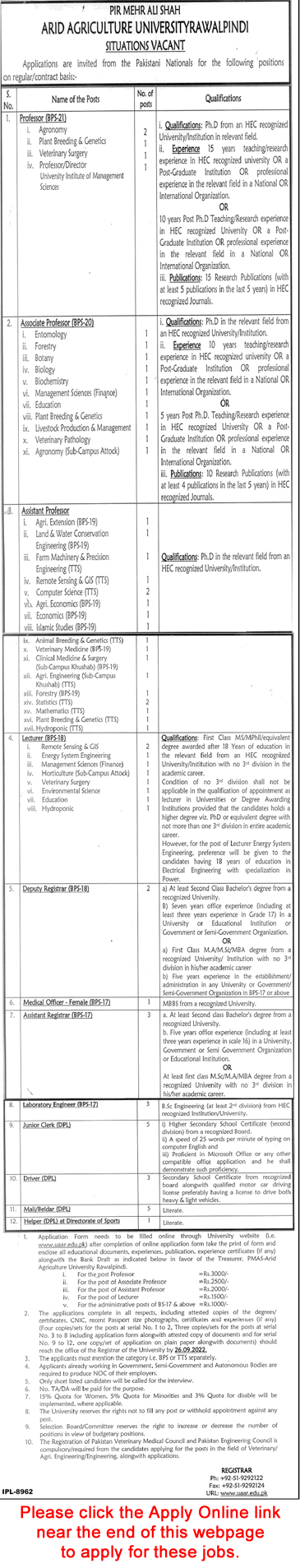 Arid Agriculture University Rawalpindi Jobs September 2022 PMAS AAUR Online Apply Teaching Faculty & Others Latest