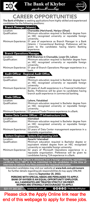 Bank of Khyber Jobs September 2022 Apply Online System Engineer, Trade Officer & Others BOK Latest