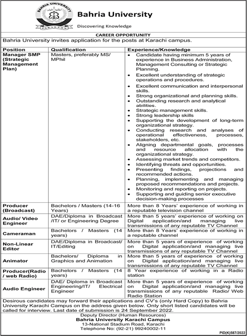 Bahria University Karachi Jobs September 2022 Cameraman, Audio / Video Engineers & Others Latest