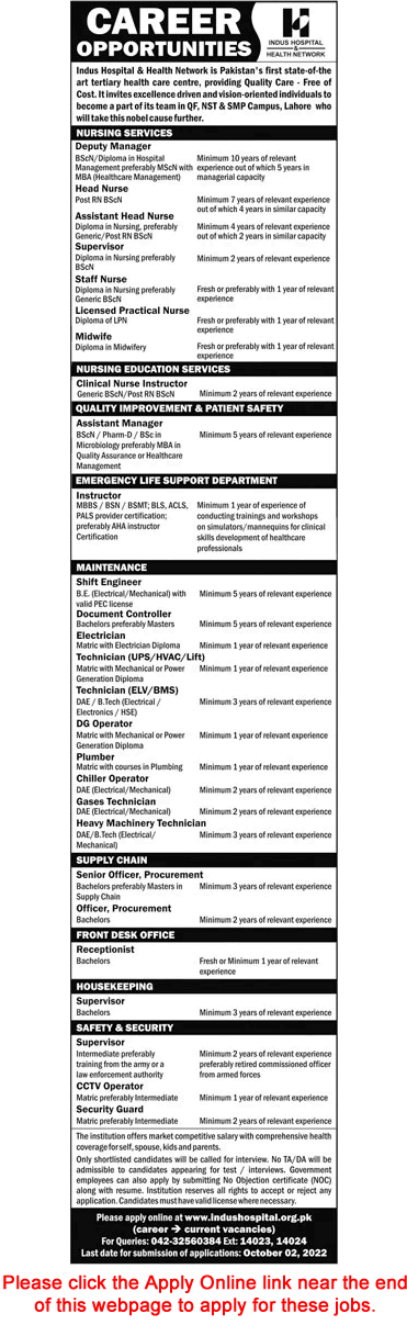 Indus Hospital Lahore Jobs September 2022 Online Apply Nurses & Others Latest