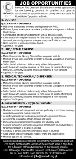 Pakistan Red Crescent Society Sindh Jobs 2022 September PRCS Nurse, LHV, Medical Technician & Others Latest