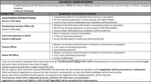 NGO Jobs in Balochistan September 2022 Jaffarabad Social Mobilizers & Others Latest