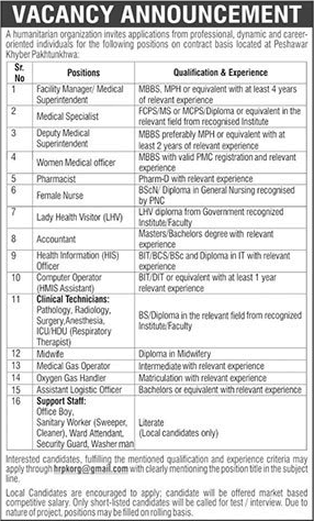 NGO Jobs in Peshawar 2022 September Medical Technicians, Nurses, LHV & Others Latest