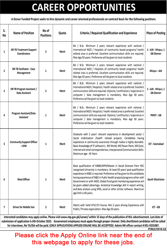 National TB Control Program Jobs September 2022 Apply Online Program Assistant, LHW & Others Latest