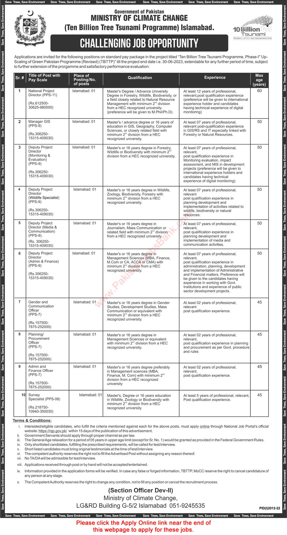 Ministry of Climate Change Islamabad Jobs September 2022 Apply Online Deputy Project Directors & Others Latest