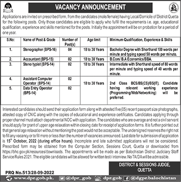 District and Session Court Quetta Jobs 2022 September Stenographers Computer Operators & Others Latest