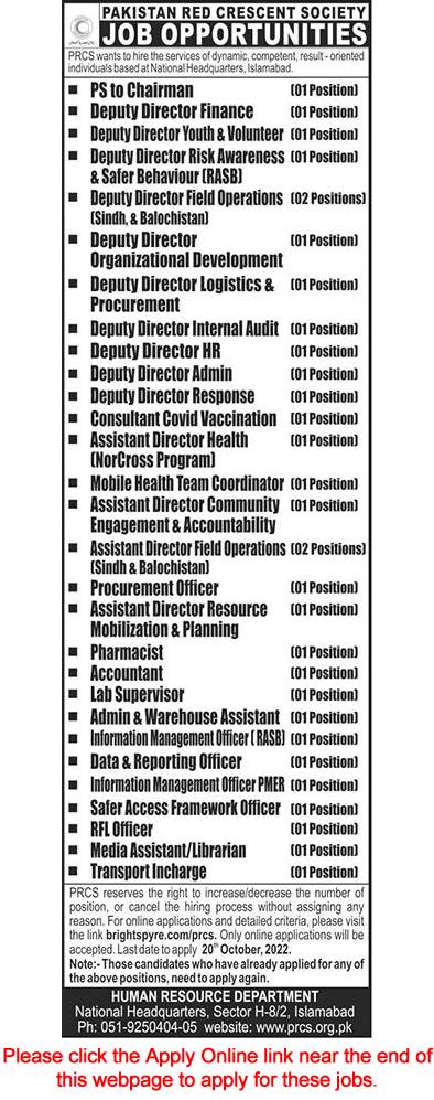 Pakistan Red Crescent Society Islamabad Jobs October 2022 PRCS Apply Online Deputy Directors & Others Latest