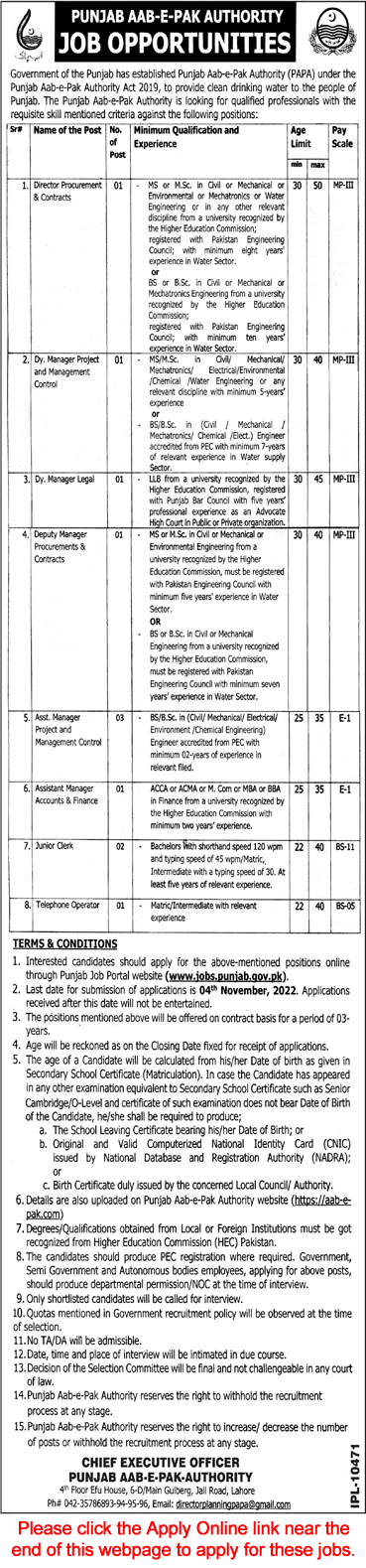 Punjab Aab e Pak Authority Jobs October 2022 Apply Online Deputy Managers & Others Latest