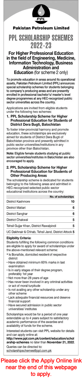 PPL Scholarship Scheme October 2022 Online Apply Pakistan Petroleum Limited Latest